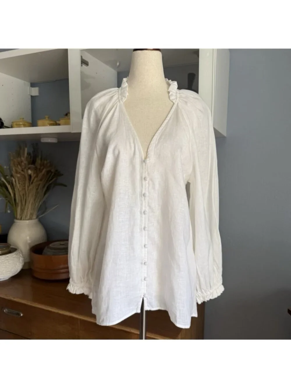 Anthropologie Maeve The Audie Linen Puff Sleeve Blouse White